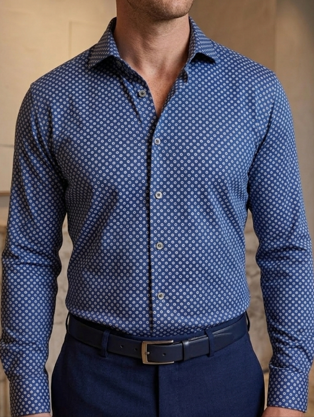 Bugatchi Men's OoohCotton Tech Blue Geometric Longsleeve Dress Shirt Size 8/L